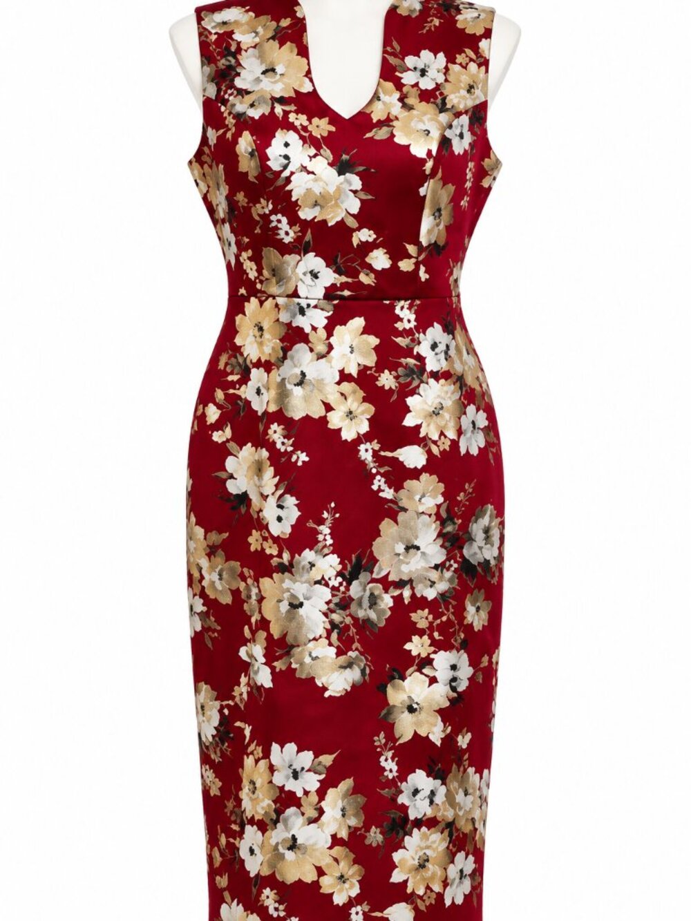 Nina Leonard Floral Sheath Dress M Burgundy Gold Metallic V Neck Stretch NWT